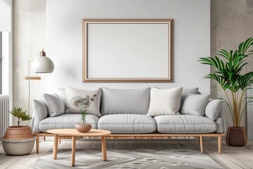 Living room mockup with a couch and wooden table