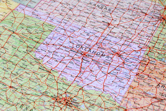 Oklahoma City, United States - May 20, 2024: Detailed Oklahoma road map. Closeup macro view of State of Oklahoma map