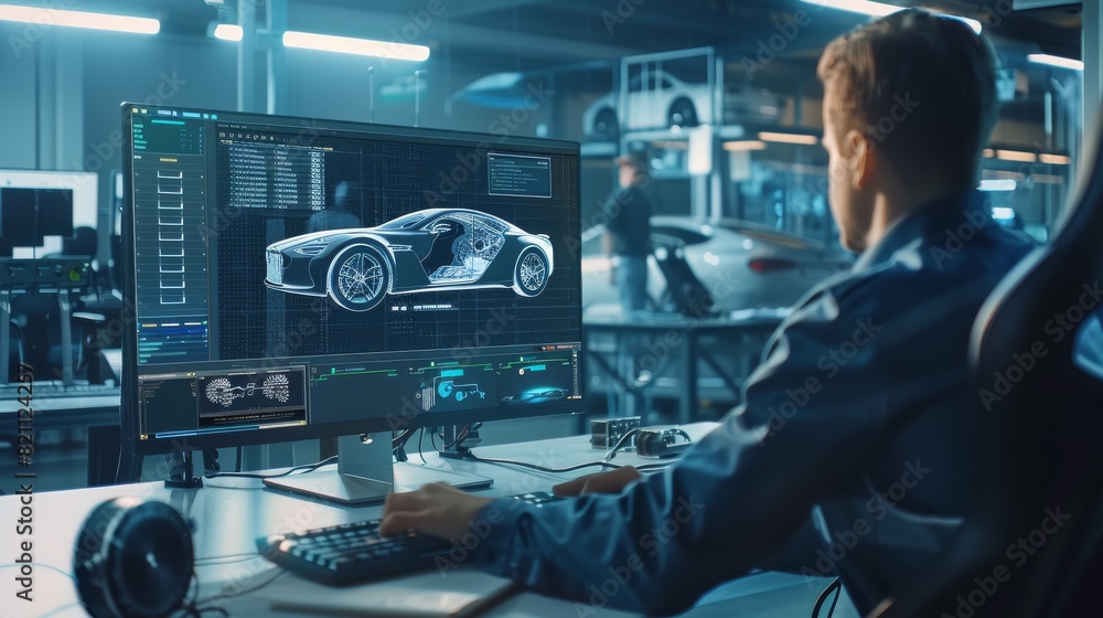 Poster over the shoulder image of an engineer at a desktop computer, showcasing cad software with car effic