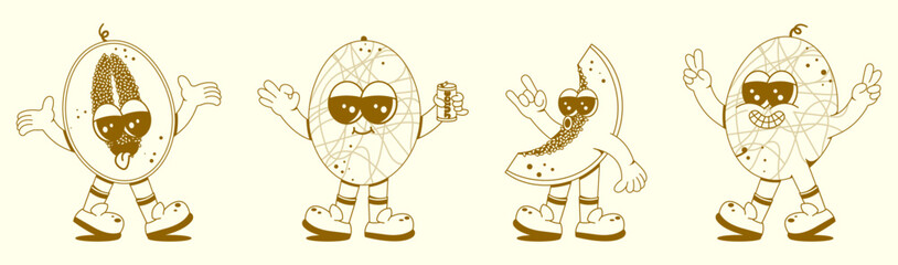 Groovy melon set. Funny vintage character in trendy retro linear style. Doodle Comic collection.