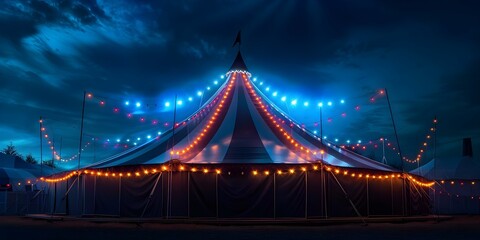 Nighttime circus tent with colorful lights creating a festive and lively atmosphere. Concept Circus Theme, Nighttime Atmosphere, Colorful Lights, Festive Setting, Lively Environment