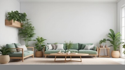 living room, white room with minimalist wooden furniture, and green plants