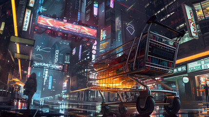 Neon City Night Shopping with a High-Speed Grocery Cart Racing Through Futuristic Streets

