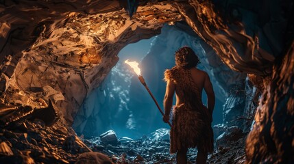 Priaval Caveman Wearing Animal Skin Standing in Cave at Night, Holding Torch with Fire and Looking Out. Back View.