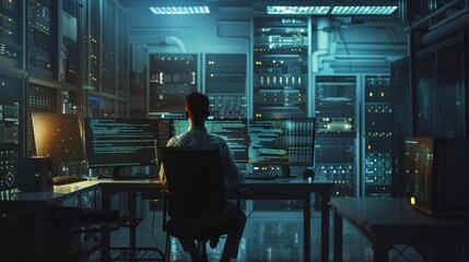 Working on a computer screen, an IT specialist is showing a code interface for a software program.