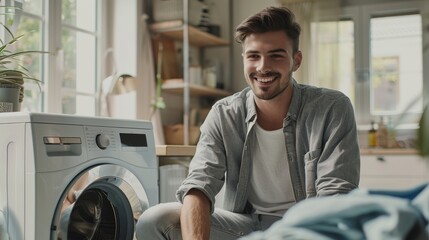Obraz premium Young handsome man works on dirty laundry in a bright and spacious living room with modern interior. He is dressed in gray jeans and shirt.