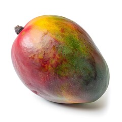 A ripe mango with vibrant colors on a white background