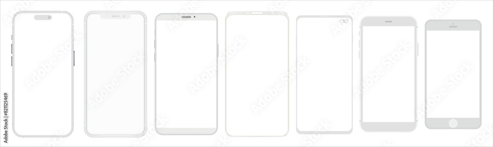 Poster Realistic phone mockup, clay mobile set concept with shadow isolated. White smartphones in different angles view with blank screen, 3d vector illustration mocku up for app design presentation.