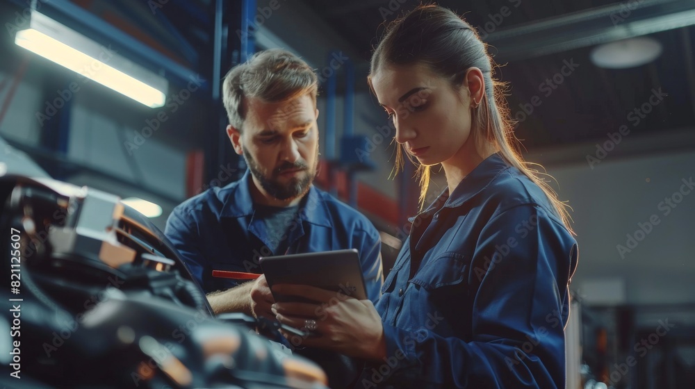 Poster the manager checks diagnostics and explains engine failures to a female mechanic. a car service empl