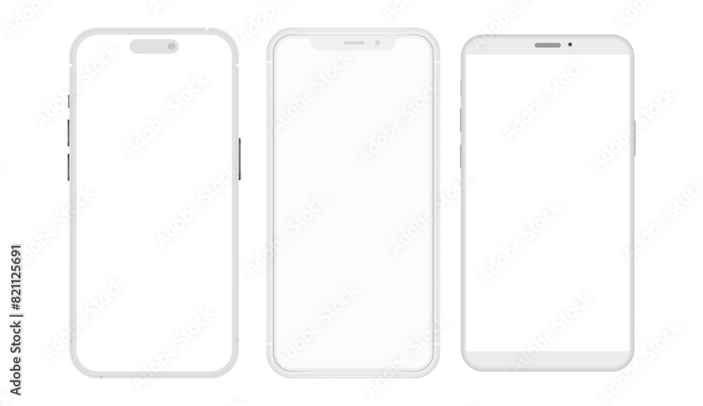 Poster realistic phone mockup, clay mobile set concept with shadow isolated. white smartphones in different