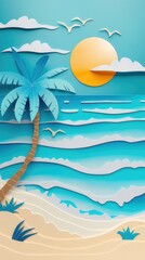 Fototapeta premium Tropical beach scene in paper cut style, sun, palm tree and waves, summer vacation theme