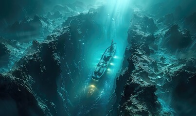 A deepsea exploration vessel illuminating an underwater mountain range, top view, revealing hidden depths, scifi tone, colored pastel