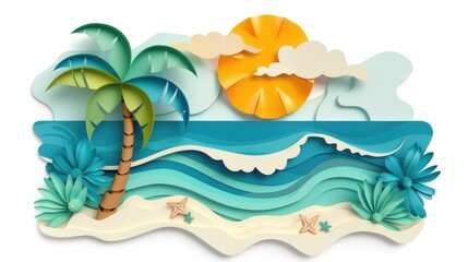 Fototapeta premium Tropical beach scene in paper cut style, sun, palm tree and waves, summer vacation theme