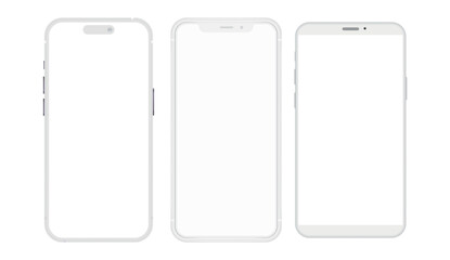 Realistic phone mockup, clay mobile set concept with shadow isolated. White smartphones in different angles view with blank screen, 3d vector illustration mocku up for app design presentation.