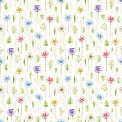 Seamless pattern with multicolored violet flowers, leaves and branches isolated on white background. Watercolor hand drawn illustration