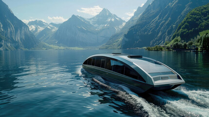 Hydrogen powered ferry gliding across a calm body of water, with a clear sky. Cutting edge technology and environmental benefits of zero emissions in maritime transport