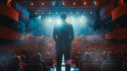 Filmed back view of a stage performance by a famous entertainer. In front of the stage, a software company founder and a tech marketing expert make pitches.