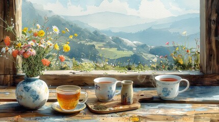 Serene Tea Time: Rechargeable Tea Warmers on Rustic Picnic Table with Fresh Flowers and Countryside Views, Relaxing Watercolor Effect