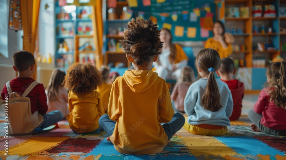 Poster the back view of an elementary school creativity class shows diverse children seated on a carpet whi