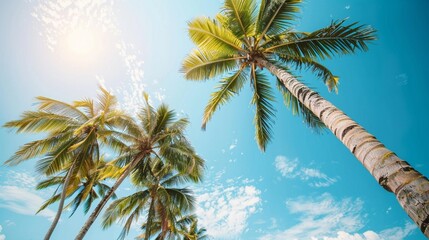 Coconut trees against blue sky. Palm trees at tropical coast.