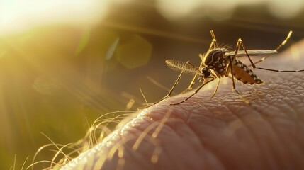 Close-up of a Mosquito with Detailed Description of Its Anatomy and Behavior. Highlights the Mosquito's Role in Disease Transmission and Its Breeding Habits in Moist Environments