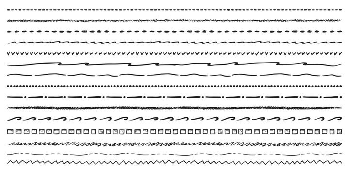 Set of isolated lines set or vector border curve. Brush scribble element or handwritten vintage pen drawing. Typography decoration or decor symbol. Wiggle ornate or zigzag divider. Underline