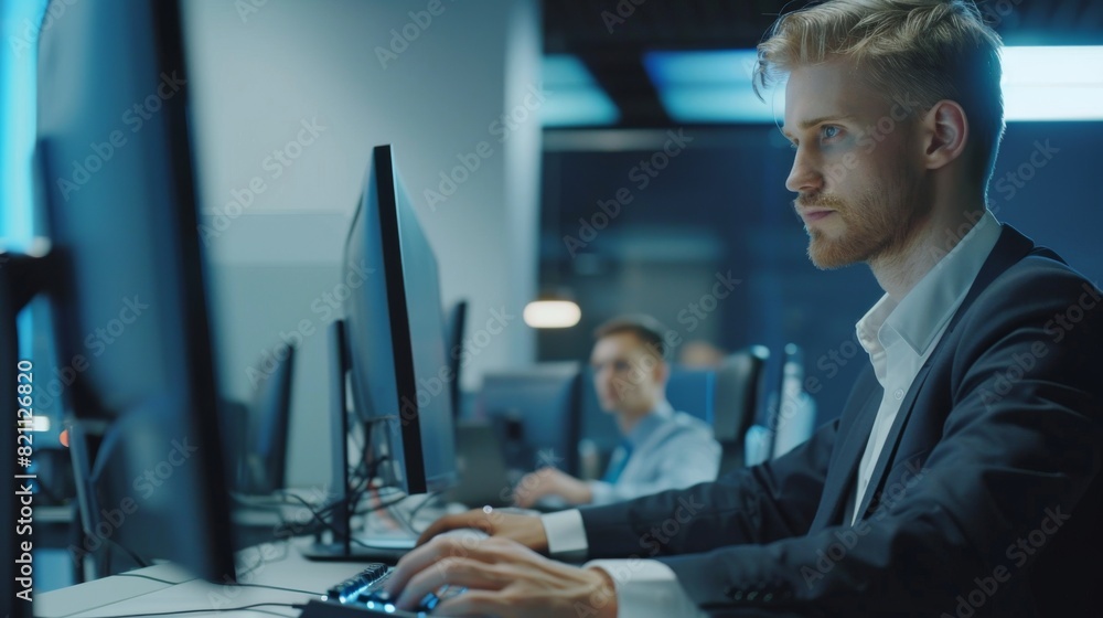 Poster stylish office worker types on a keyboard on the desktop with a desktop computer. confident and youn