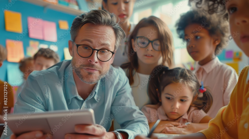 Poster computer science class at an elementary school: teacher uses digital tablet to explain lesson to div