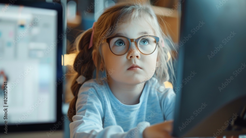 Aufkleber little girl using personal computer in elementary school computer science class. schoolchildren gett