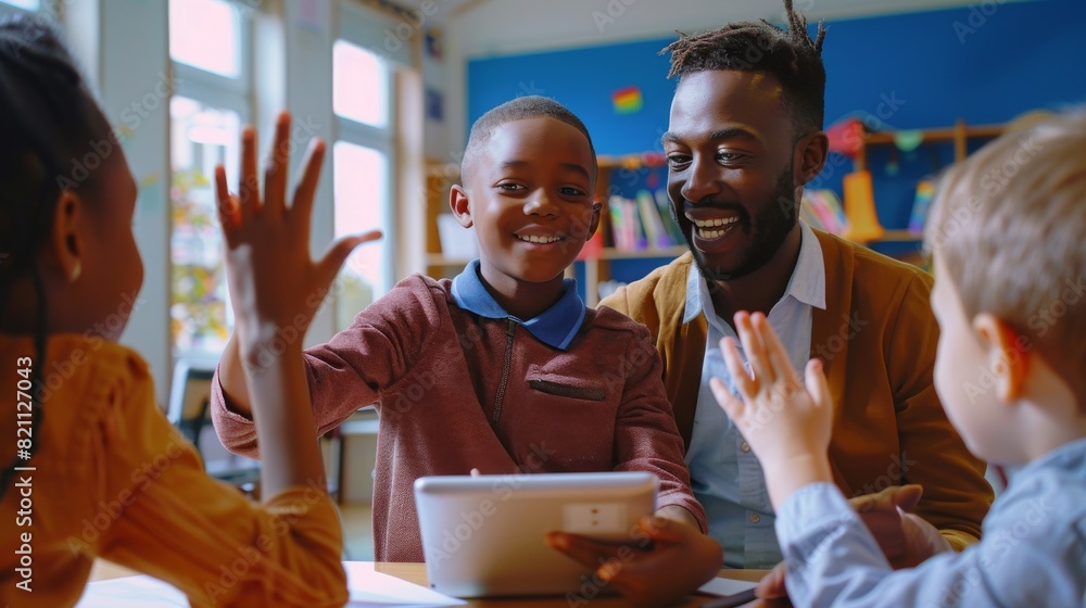 Poster using a tablet computer, teacher explains computer science lesson to a diverse group of smart childr