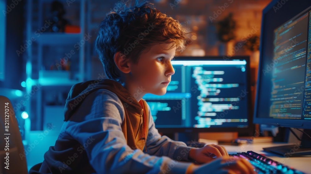 Poster getting the best education through computer science in an elementary school: smart little schoolboy 