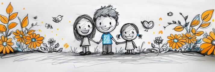 Kid's pencil drawing of happy family, illustration. Happy childhood. Family Day