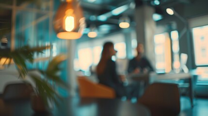 Various blurred shots of creative agency life. Female colleague talks to coworker about business prospects.