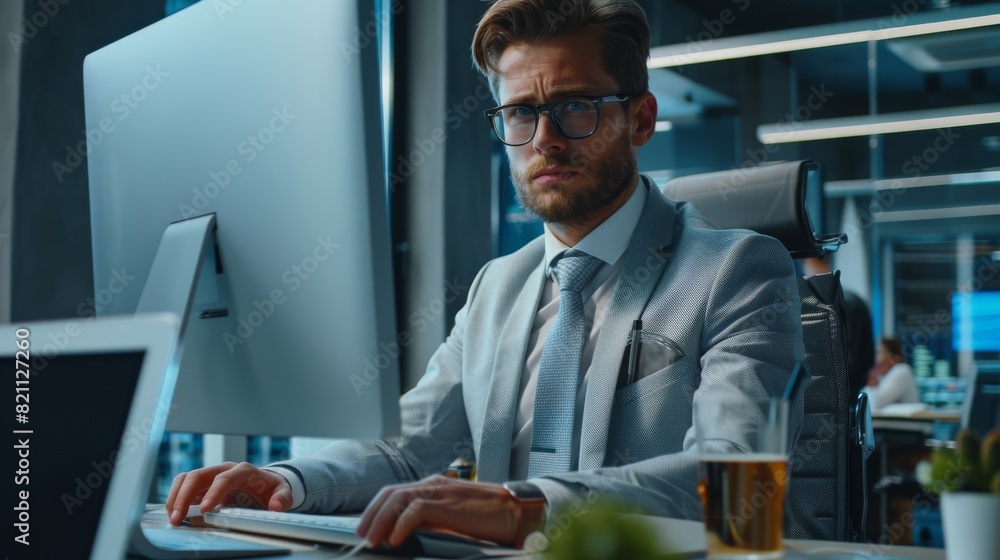 Poster professional worker using desktop computer in busy office, around him businesspeople and experts wor