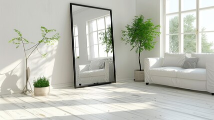 a modern black frame full-body mirror, accentuating a living room with its reflection of white walls, a cozy sofa, a stylish side table adorned with a potted plant, and the natural light streaming.