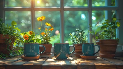 Serene Tea Time - Mug Warmers in a Sunny Kitchen with Nature-Inspired Decor and Fresh Plants Under Natural Light