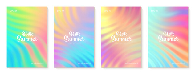 Summer gradient backgrounds set. Bright colorful summer colors. Sunset and sunrise sky colors. Green, blue, purple, orange, yellow. Great for covers, branding, poster, banner. Vector illustration.