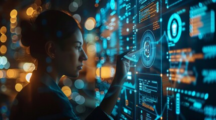 Obraz premium Cybersecurity: Create a scene with digital shields, locks, and a person working on cybersecurity protocols, emphasizing data protection and digital security.