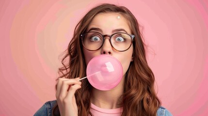 Woman Blowing a Big Gum Bubble