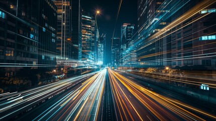 Abstract background of high-speed global data transfer and super-fast broadband in futuristic tech city at night