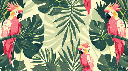 Cockatoo parrot and leaves seamless pattern. Endless