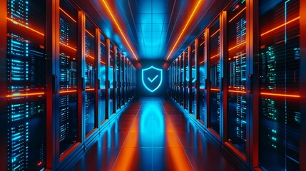 Abstract futuristic technology background. Glowing blue and red neon lights in the dark. Server room, data center. 3D rendering.