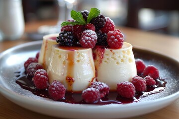 Panna Cotta: A small dish of panna cotta with a smooth, creamy texture, topped with a berry compote or caramel sauce.