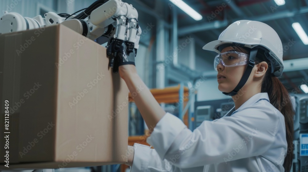 Sticker Developing Wearable Exosuit for Warehouse Workers: Engineers examine robotics exoskeleton prototype. Model being tested.