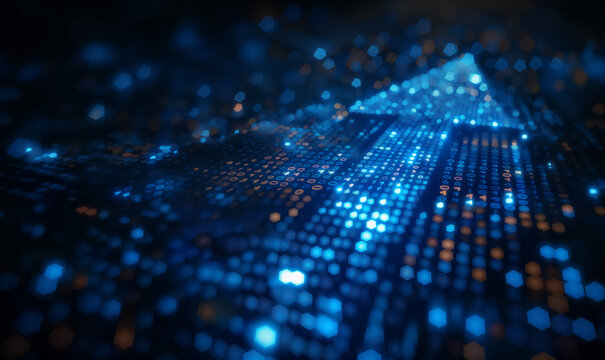 Digital blue arrow pointing forward, arrow on tech background