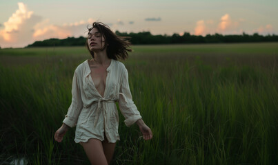 Young woman in loose robe standing with her eyes closed and head raised to the sky in field after sunset