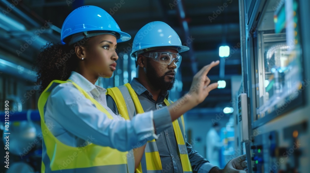 Poster engineers working at control panel