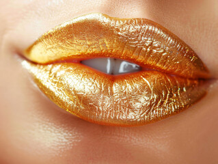  golden lip-gloss on sexy lips, metallic mouth. Beauty woman mouth. Sexy girl golden lips