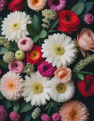 A bouquet of flowers with a variety of colors including pink, white, and red. The flowers are arranged in a way that creates a sense of harmony and balance. Scene is one of beauty and serenity