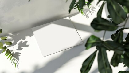 A mockup of a blank greeting card arranged on a white table, surrounded by green leaves for a fresh look, ideal for showcasing birthday or wedding stationery designs